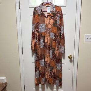 Long Sleeve Patchwork Midi Dress in Rust, Brown & Olive